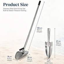 Sand Scoop For Metal Detecting, Beach Sand Sifter With 3-Part Long Handle, 8mm Hex Mesh Holes, Hand Trowel Included For Underwater Treasure Hunting, Coin Recovery & Beach Searching - A - View 5