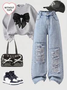 Girls' Y2K Street Style Distressed Denim Jeans, Elastic Waist, Vintage Zipper, Snowflake Straight Leg Long Pants, Winter Clothing - Light Wash - View 1
