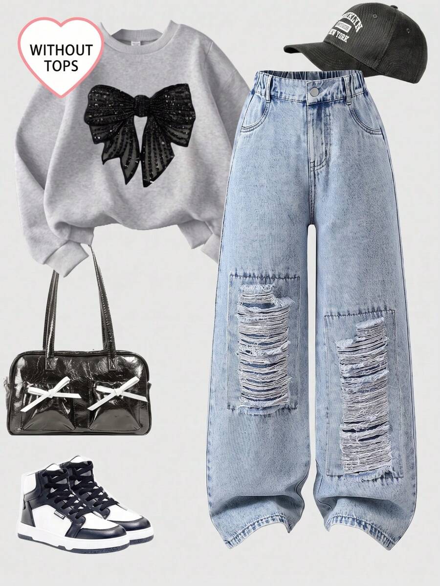 Girls' Y2K Street Style Distressed Denim Jeans, Elastic Waist, Vintage Zipper, Snowflake Straight Leg Long Pants, Winter Clothing - Light Wash - View 1