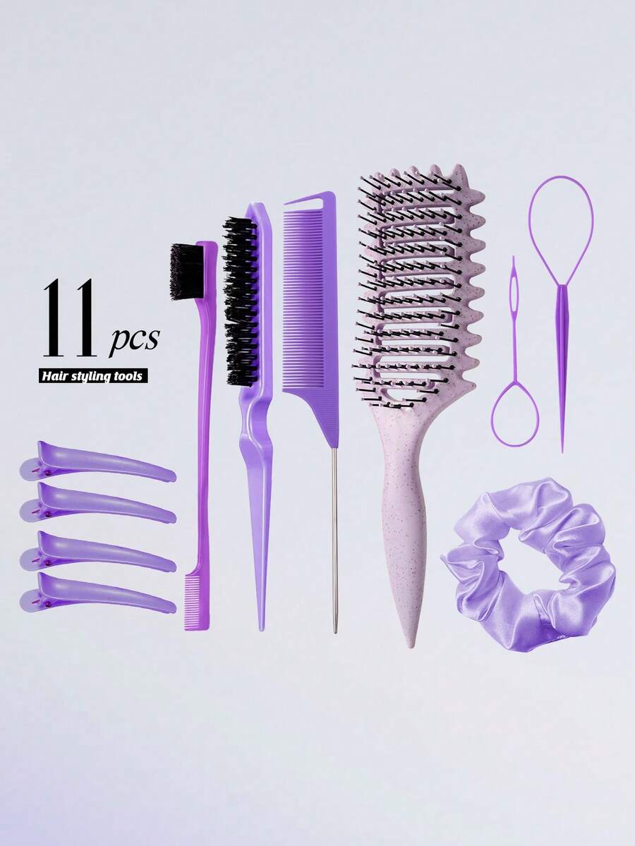 11pcs Curl Defining Brush Set, Hollow Bouncy Comb, Teasing, Rat Tail Comb, Edge Brush, Clip, Braiding Tool, Suitable For Daily