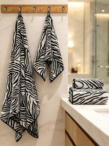 2/6/8PCS Black Zebra Print Towel Set Striped Towel Set Fashionable Coral Fleece Soft Bath Towels For Bath Spa Gym Super Absorbent Bath Sheets - Black - View 2