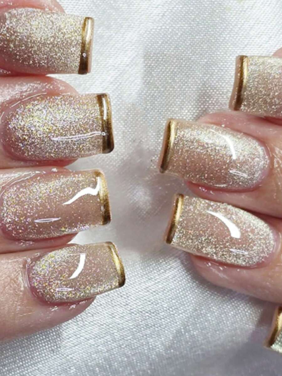 24PCS Square Press-On Nail Set With Adhesive, Includes 1 Nail File And 1 Jelly Glue, Suitable For Women And Girls, ML1416 Star Sand Gold Edge - Multicolor - View 1
