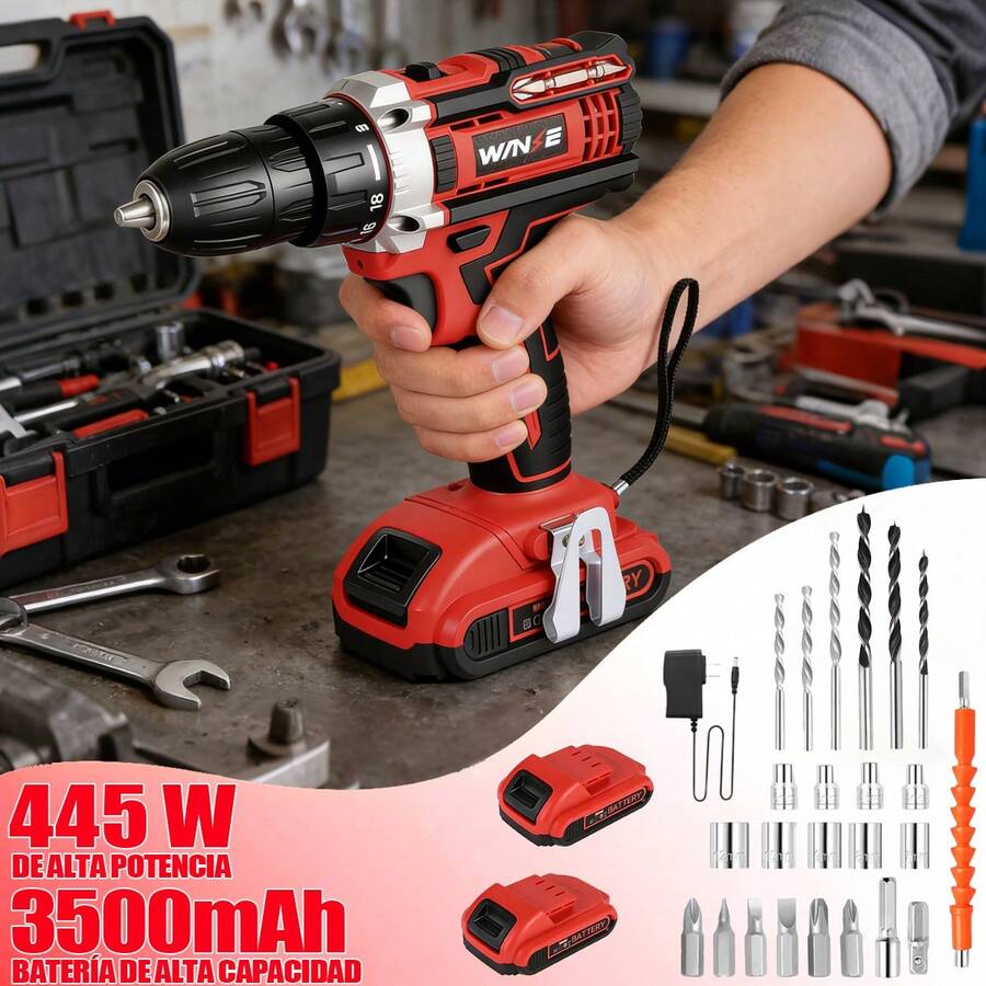 WANSE Cordless Electric Screwdriver With LED Light, 2 X 4500mAh Batteries And Complete Tools - Red - View 1