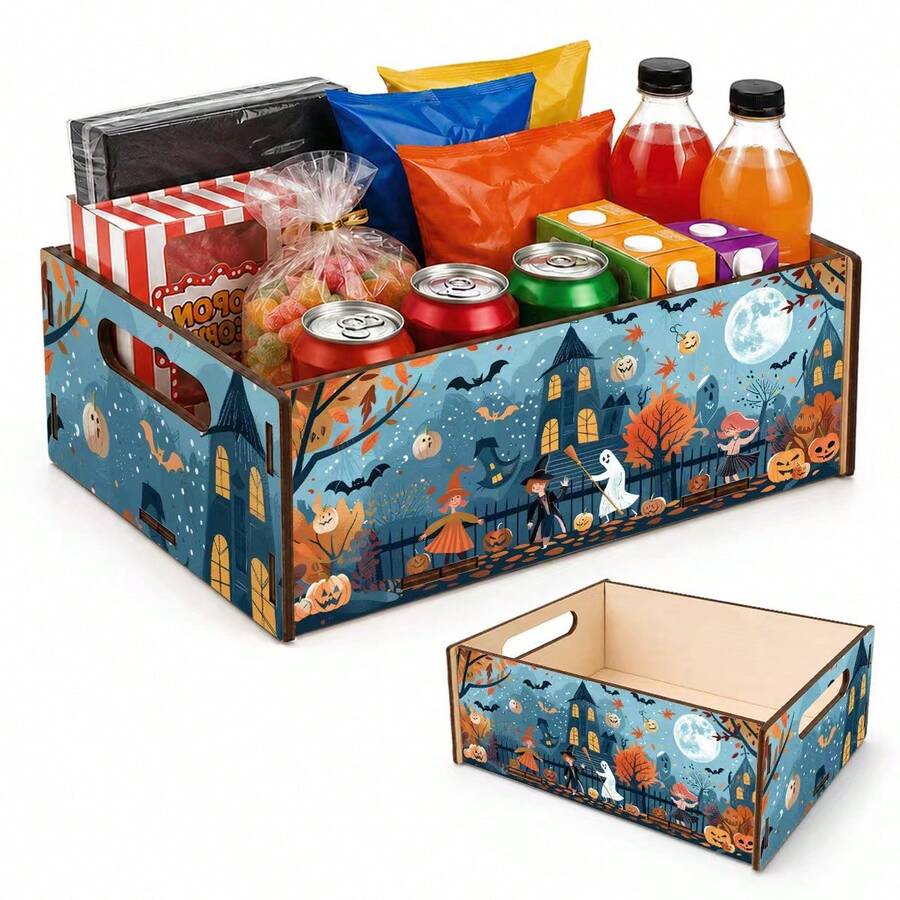 Vintage Night Scene Halloween Wooden Storage Box, Deep Blue Ghost House Witch Ghost Pumpkin Bat Storage Box - View 1