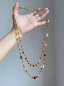 1pc Double Layer Vintage Long Necklace, Gold & Multicolor Beads Collarbone Chain, Suitable For Autumn/Winter Sweater Matching - Multicolor - View 1