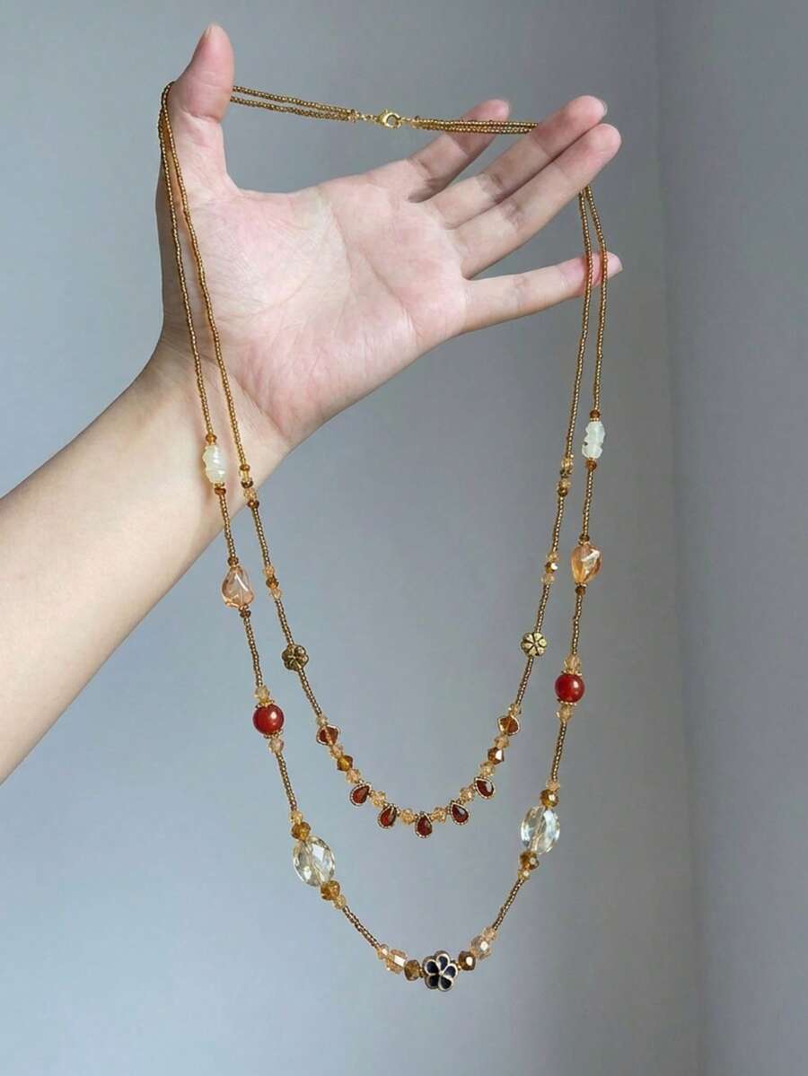 1pc Double Layer Vintage Long Necklace, Gold & Multicolor Beads Collarbone Chain, Suitable For Autumn/Winter Sweater Matching - Multicolor - View 1