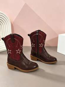 1 Pair Girls' Shiny Star Glitter Pointed Toe Western Boots With Chunky Heel, Sweet Style, Suitable For Autumn/Winter Outdoor Daily Wear - Burgundy - View 5