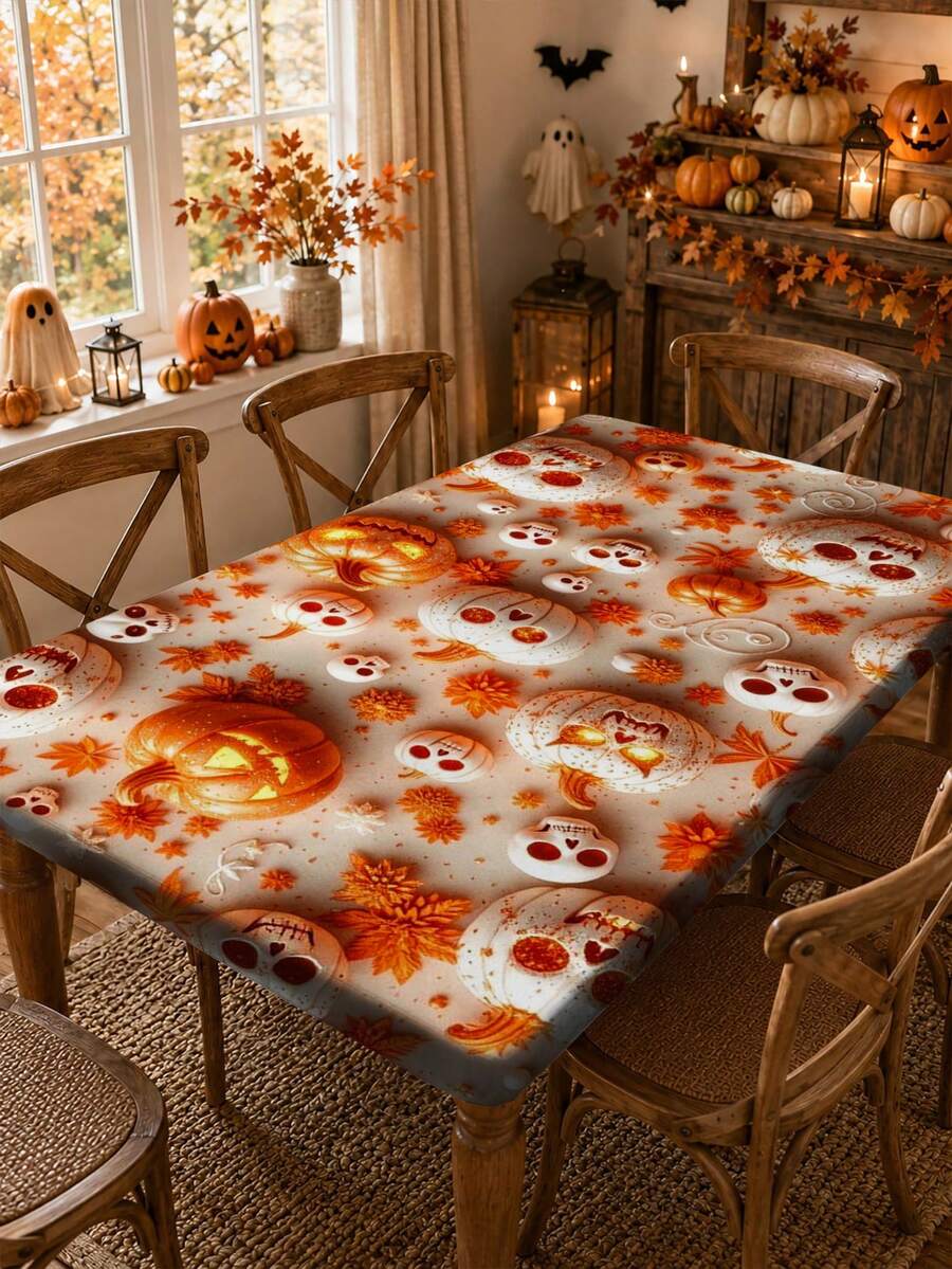 1pc Halloween Elastic Rectangular Tablecloth, Full Moon Haunted House Pumpkin Ghost Print, Outdoor Patio Party, Halloween Popular Decoration, Holiday Banquet Table Protector - A - View 1