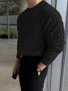 Men's Cable Knit Sweater, Soft Textured Crew Neck Pullover, Business Casual Long Sleeve Top, Suitable For Office, Work, Dates And Autumn/Winter Daily Wear - Black - View 6