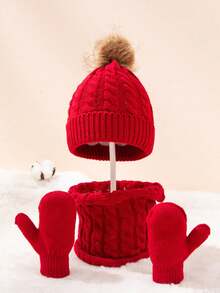 Autumn/Winter Kids Small Braid Pom Pom Hat, Scarf And Gloves 3 Pieces Set, Soft And Warm - 3pcs - View 6