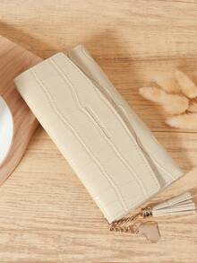 Women's Stone Pattern Three Fold Snap Button Long Wallet With Card Slot And Zipper Pocket, Perfect For Outdoor, Travel, And Back To School Activities - Beige - View 3