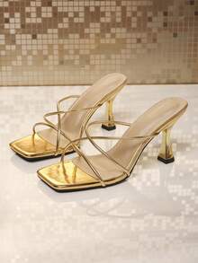 French Fairy Style High Heel Sandals For Women, 2026 Summer New Elegant Square Toe Stiletto Heel Gold Roman Sandals - Gold - View 11