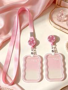 Cute Wavy Edge Gradient Transparent ID Card Holder With Lanyard, Ins Minimalist Soft Silicone Card Sleeve, With Shiny Rhinestone Round Retractable Badge Reel And Detachable Halter, Card Storage Box, Anti-Loss Lanyard,Travel Essential - Multicolor - View 4