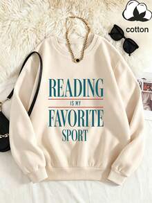 女款 READING 標語印花秋冬休閒圓領長袖衛衣上衣 - 杏色 - 查看 2