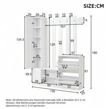 135*25*180cm Mirrored Wardrobe Set, Hallway Wardrobe, Hanging Shelf, Compact Wardrobe, With 2 Lower Drop-Down Shoe Cabinets + 2 Storage Cabinets, Suitable For Doorways, Hallways, White - White - View 10