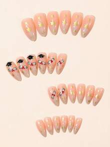24pcs Graduation Cap Diploma Star Almond Shaped Press-On Nails, Graduation Party Commemorative Fake Nails With Full Tool Set, Reusable Nail Tips - Multicolor - View 2