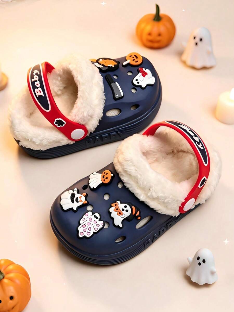 Halloween Skeleton Ghost Pumpkin Decor Plush Lining Soft Sole Home Slippers, Suitable For Indoor And Outdoor Wear In Autumn And Winter - Navy Blue - View 1