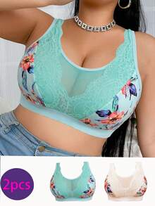 2pcs/Pack Casual Comfortable Minimalist Plus Size Women's Bra, Print Design Lace Patchwork, Wire-Free Soft Comfortable Underwear - Multicolor - View 3