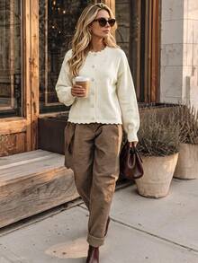 NiceArt Women's Autumn/Winter Apricot Elegant Wool Knit Cardigan, Scallop Collar With Rhinestone Buttons, Suitable For Office And Daily Wear - Apricot - View 3