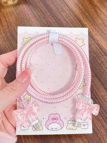 1 Set 3D Bow Data Cable Protector Compatible With Apple 18W/20W, Crystal Bow Data Cable Protector Set, Portable Digital Accessory, Holiday Gift, Cute Korean Style For Girlfriend And Best Friend - Pink Crystal Bow - View 1