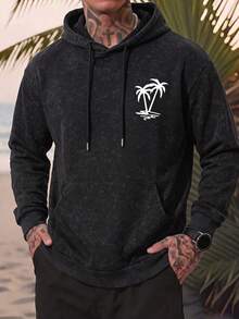 Men's Autumn/Winter Coconut Tree Print Hoodie With Drawstring - Black - View 1