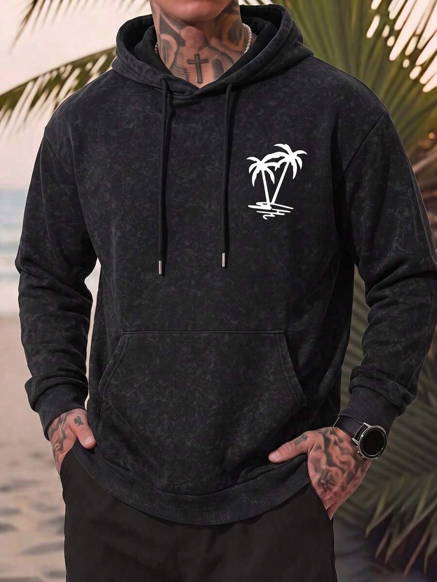 Men's Autumn/Winter Coconut Tree Print Hoodie With Drawstring - Black - View 1
