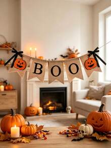 1set Of Halloween Linen Decorative Banners Featuring "BOO" And Pumpkin Designs-Perfect For Halloween Decor, Party Setups, Festive Displays, And Creating A Holiday Atmosphere. Ideal For Halloween Decorations, Home Styling, And Themed Parties. - Multicolor - View 3