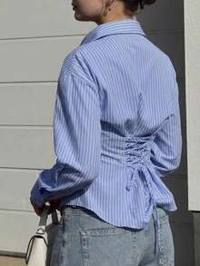 Striped Polyester Back Tie Shirt For Office, Daily Wear, Date, Airport, Travel, Home, Spring, Autumn, Winter - Sky Blue - View 8