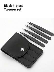 Professional 4pcs Eyebrow Tweezers Set With Leather Storage Case, Precision Stainless Steel Grooming Tools, Suitable For Facial Hair, Ingrown Hair And Splinter Removal, Slanted Tip And Pointed Tip Design, 20x20 Portable Size, Black Grooming Set - Upgraded Style - View 12