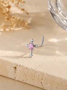 1pc Sweet & Cool Niche Fashion Pink Rhinestone Cross Nose Stud, Women's Piercing Charm Jewelry For Daily & Party Wear - Multicolor - View 1