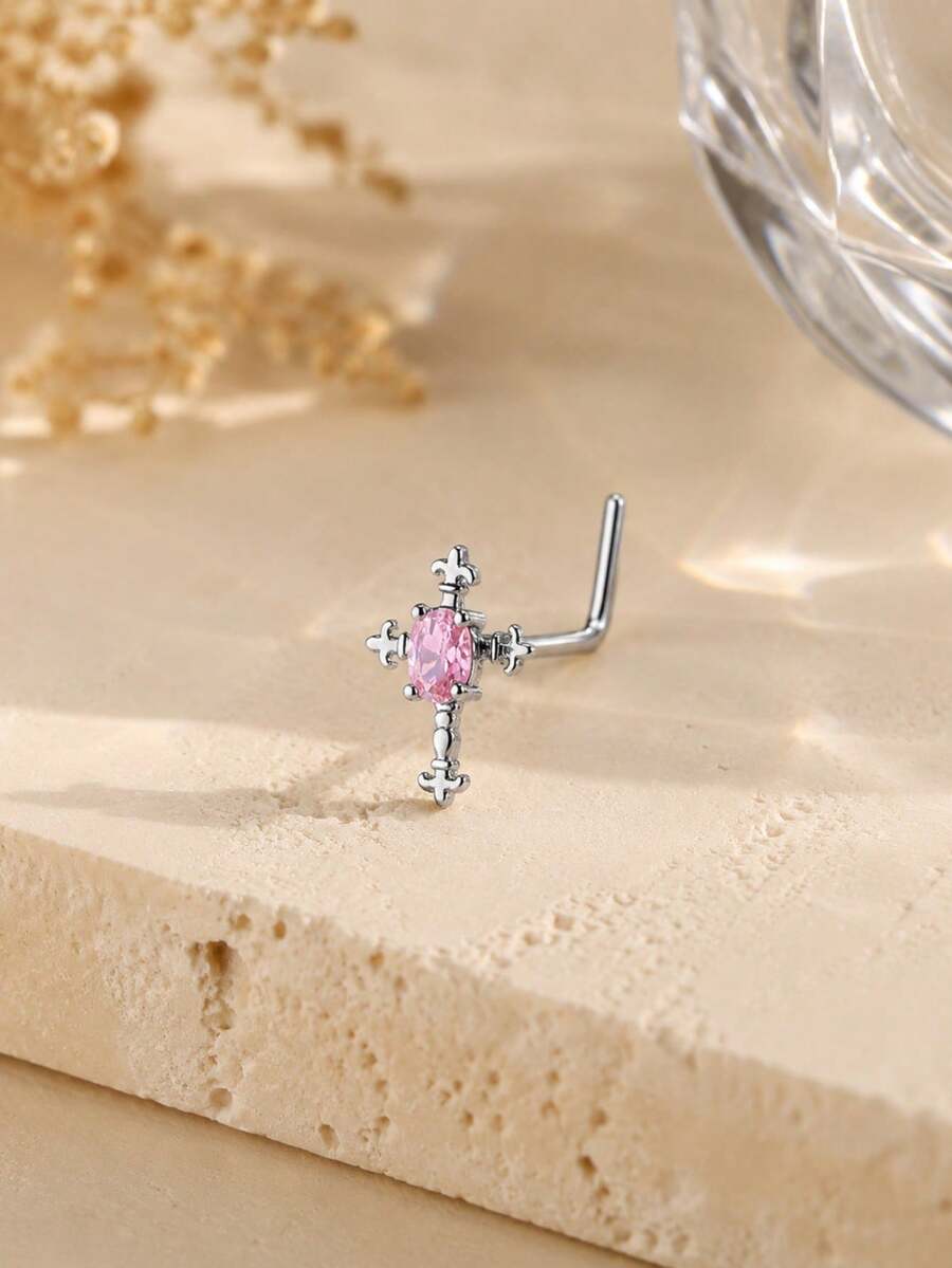 1pc Sweet & Cool Niche Fashion Pink Rhinestone Cross Nose Stud, Women's Piercing Charm Jewelry For Daily & Party Wear - Multicolor - View 1