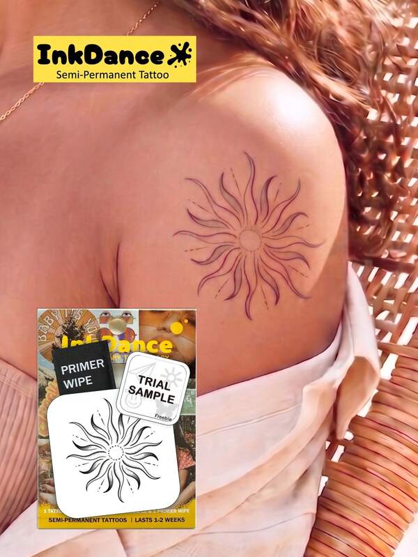 1 Kit "Celestial Sun" New Technology Tattoo Sticker, Semi-Permanent, Fine-Line, Celestial, Boho, Mystical, Sun And Moon, Sunburst, Temporary Tattoo, Fake Tattoo, Waterproof & Long-Lasting Realistic Design, Plant-Based Formula, Ink Dance, Gift X102