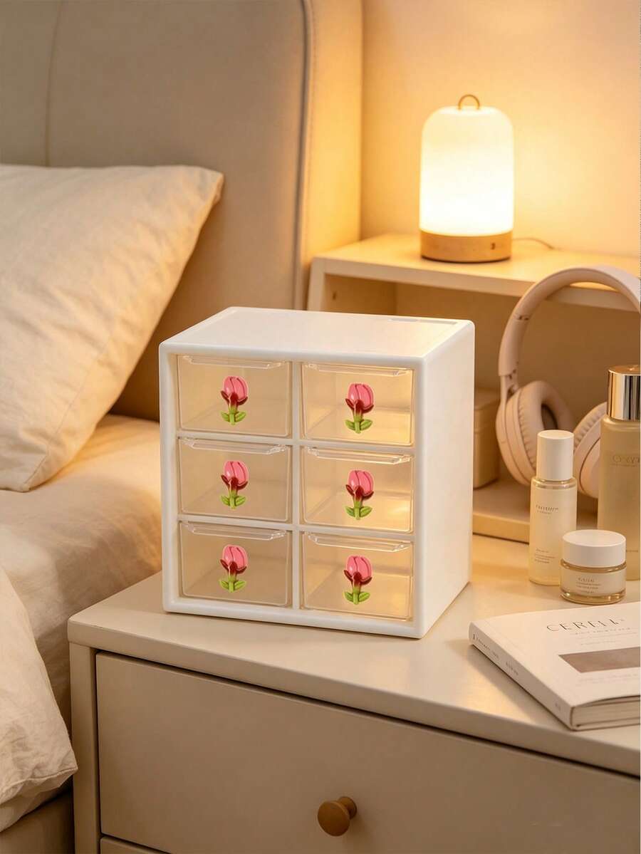 Sweet Style Multi-Compartment Drawer Storage Box, Jewelry And Cosmetic Organizer, Cream White Shell With Delicate Floral Accents, Transparent Drawers For Easy Visibility. Multi-Compartment Design For Categorized Storage Of Hair Ties, Hair Clips, Earrings, Jewelry, And Makeup Tools, Say Goodbye To Desktop Clutter. Compact Design Doesn't Take Up Much Vanity Space, Smooth Sliding Drawers, Combines Aesthetics And Practicality, Perfect Storage Item For Girls' Bedroom Desk, Keeps Small Items Neatly Organized. - Multicolor - View 1