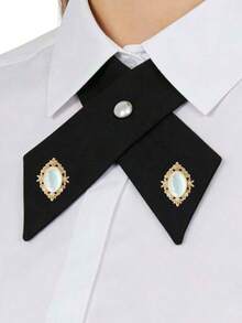 Solid Color Cross-Neck Bow Tie, Versatile Minimalist Rhinestone Tie - Black + Rhinestone - View 2