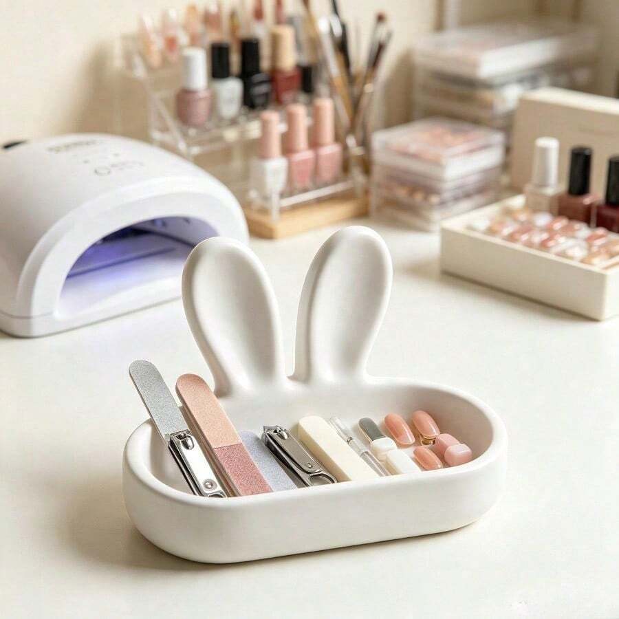 2/1pc Cute Rabbit Ear Shaped Nail File & Nail Clipper Storage Tray, Large Capacity Organizer For Nail Art, Earrings, Necklaces, Jewelry, Desktop Nail Clipper & Nail Clip Storage Tray - Multicolor - View 1