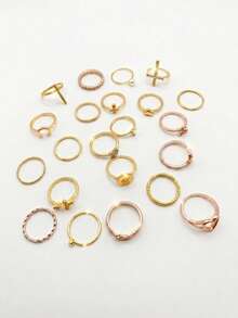 22pcs Ins Style Vintage Shiny Heart Joint Rings, Heart Cross Snake Star Rings, Suitable For Party, Gathering, Gift, Daily Wear - Gold - View 2