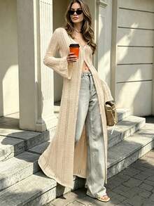 Long Autumn Knitted Cardigan With Crochet Details, Bell Sleeves And Hollow-Out Design, Suitable For Casual Beach Vacations Or Y2K Street Style Summer - Apricot - View 3