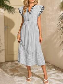 2026 Women V‑Notch Ruffle Cap Sleeve Midi Dress, Striped Tiered Swing Dress With Side Pockets, Casual Dress For Beach Vacation, Daily Outing, - Black - View 2