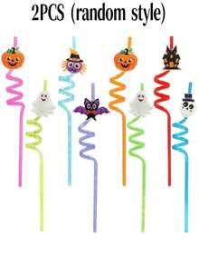 2pcs/Set Shiny Halloween Themed Straws, Made Of Durable And Reusable PET Material, Designed With Bat, Skull, Pumpkin And Witch Spider Patterns. Perfect For Birthday Parties And Spooky Halloween Party Gifts. - Multicolor - View 10
