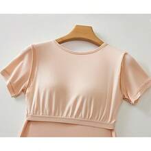 Built-In Bra Lounge T-Shirt, Fixed Integrated Cups, Short Sleeve Scoop Neck Home Top - White - View 5