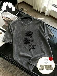 大尺碼女款水洗棉短袖T恤，玫瑰圖案，復古經典設計，Y2K街頭風休閒黑色夏季款 - 黑色 - 查看 4