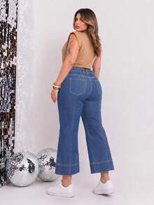 Plus Size Deep Blue Elastic Waist 8/10 Length Wide Leg Denim Jeans With Front Vertical Split Line And Cuffed Hem Casual Pants - Dark Wash - View 3