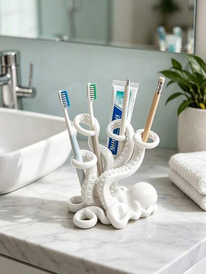 1pc Octopus Shaped Bathroom Storage Rack, Countertop Organizer, Makeup Brush Holder, Octopus Toothbrush Holder, Storage Decor, Also Suitable For Pens/Digital Products/Kitchen Supplies, Bathroom Essential