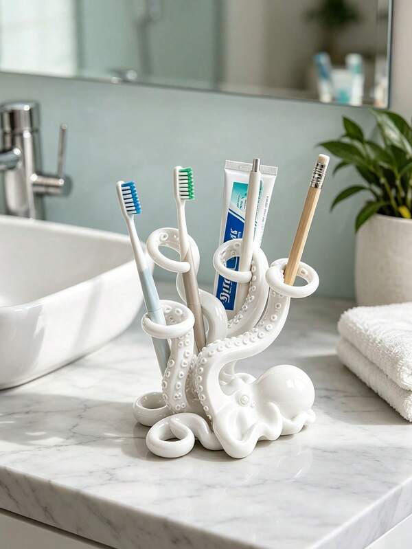 1pc Octopus Shaped Bathroom Storage Rack, Countertop Organizer, Makeup Brush Holder, Octopus Toothbrush Holder, Storage Decor, Also Suitable For Pens/Digital Products/Kitchen Supplies, Bathroom Essential