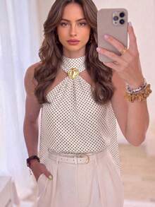 QIANZHIDU ELVA Women's Autumn Backless Small Stand Collar With Long Ribbon Sleeveless Polka Dot Tank Top, Suitable For Back To School Party, Date, Vacation, Commute - White - View 11