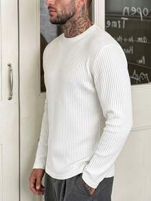 Men Autumn Winter Minimalist Ribbed Knit Top, Long Sleeve Crew Neck Slim Fit Pullover, For Daily Casual Wear - Beige - View 3