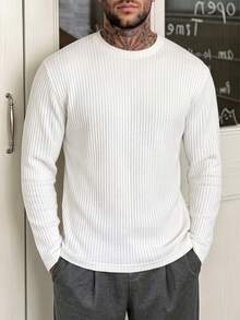 Men Autumn Winter Minimalist Ribbed Knit Top, Long Sleeve Crew Neck Slim Fit Pullover, For Daily Casual Wear - Beige - View 8