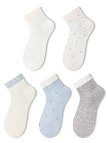 ZUJO 5 Pairs Multicolor Polka Dot Ruffle Trim Short Socks, Cute Polka Dot Pattern, Breathable And Comfortable, Suitable For Spring, Summer And Autumn Wear, Random Color Shipment - Multicolor - View 5