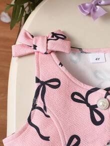MYVLNA 3pcs/Set Girls Sweet Dress Outfit, White Semi-High Neck Long Sleeve Base Layer Top, Pink Bow Print Vest And Pleated Skirt, 3D Bow Decoration On Shoulders, Princess Style - Pink - View 4