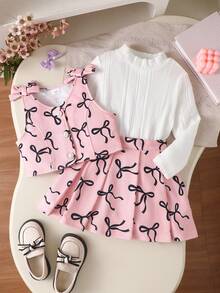 MYVLNA 3pcs/Set Girls Sweet Dress Outfit, White Semi-High Neck Long Sleeve Base Layer Top, Pink Bow Print Vest And Pleated Skirt, 3D Bow Decoration On Shoulders, Princess Style - Pink - View 2